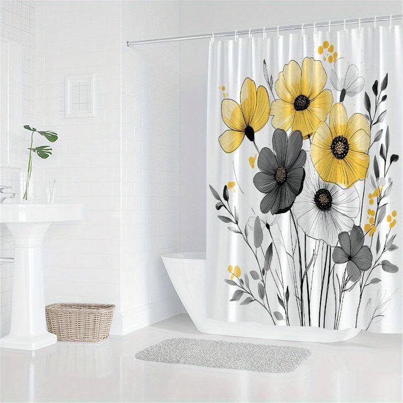 Bright yellow and gray floral patterned shower curtain, polyester fabric machine washable with hooks suitable for bathroom décor