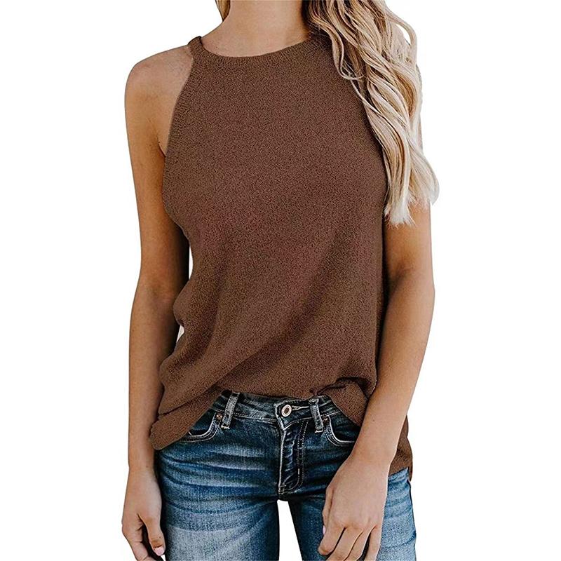 Summer Women Vest Fashion Loose Hanging Neck Tops Solid Color Knitted Vest Sexy Undershirt