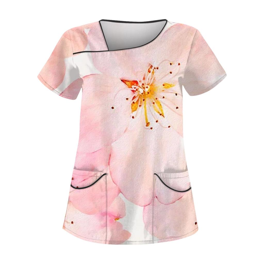 Женская повседневная рабочая одежда с короткими рукавами и принтом, топ с двойным карманом