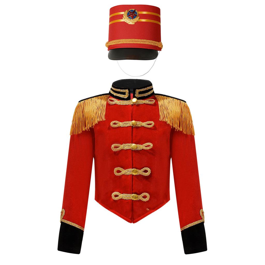 Girls Marching Band Costume Set Long Sleeve Stand Collar Tassel Shoulder Button Down Jacket Hat