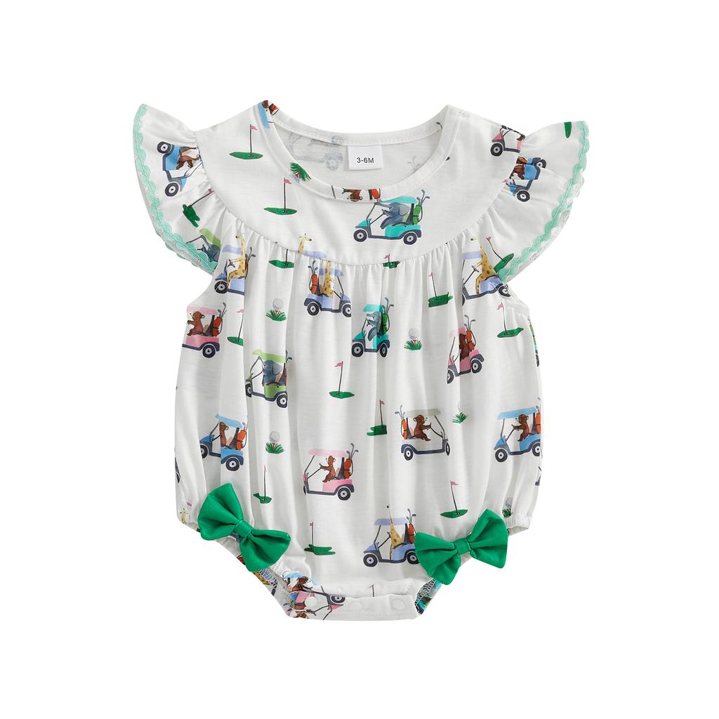 Baby Girl Summer Romper Adorable Golf Cart Animal Print Bow Fly Sleeve Round Neck Jumpsuit