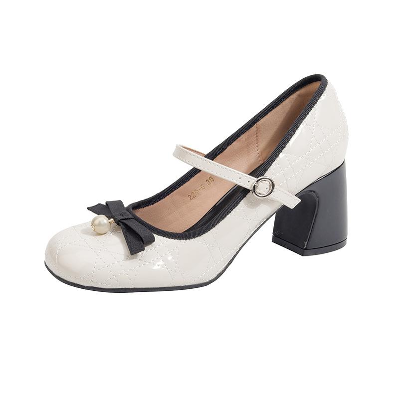 Французский сказочный стиль кожа туфли Мэри Джейн с пряжкой-бантом на толстом каблуке женские тонкие туфли на высоком каблуке с открытым верхом женские