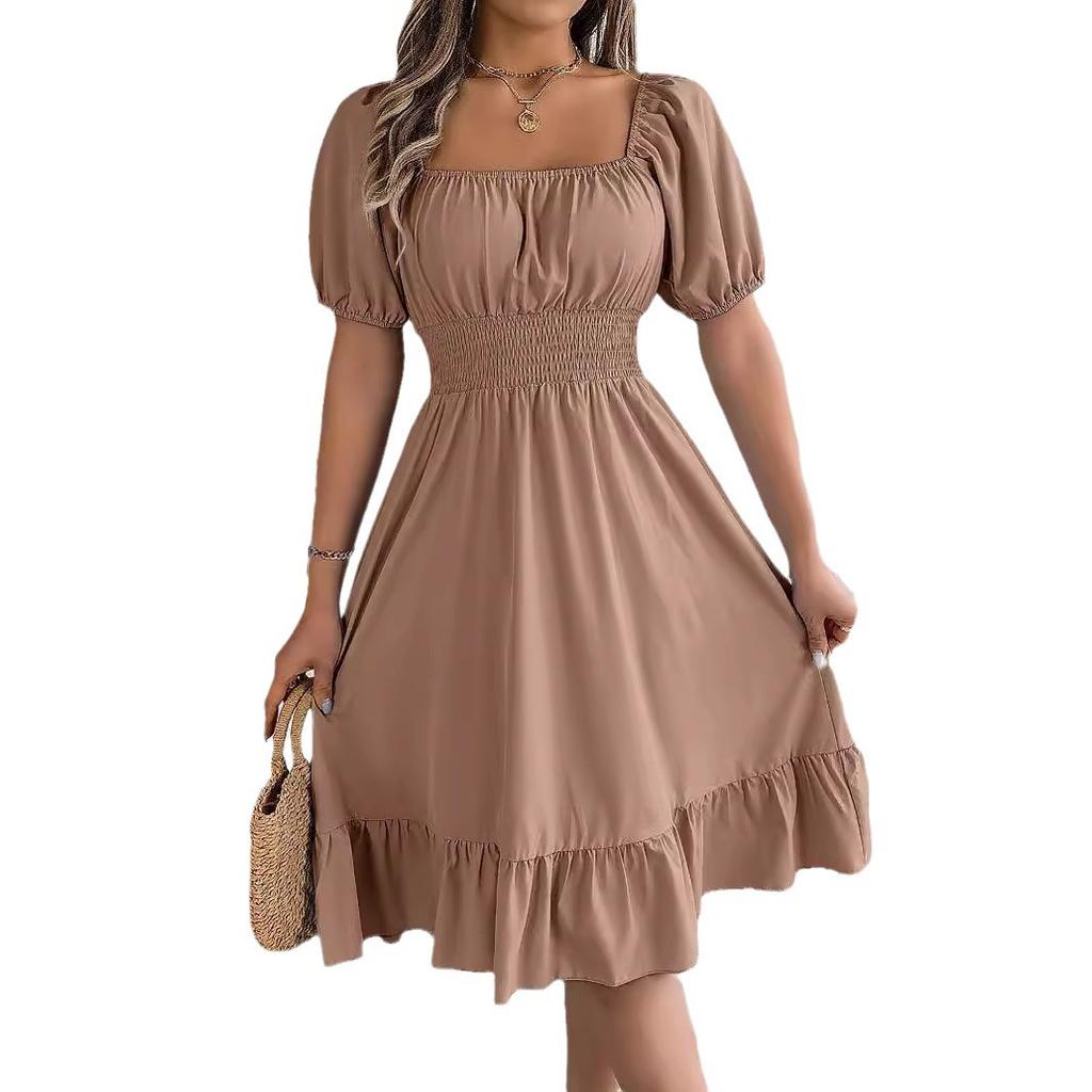 Fashion Women's Square Collar Short Sleeve Pleated High Waist Dress Women Casual Office Career Business Dresses Solid Color Dress Women