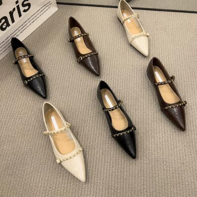 Французские остроносые туфли-лодочки женская обувь весна 2025 новая нежная вечерний ветер универсальная металлическая цепочка туфли Мэри Джейн
