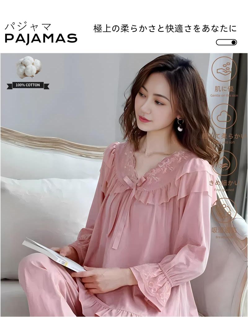 Длинный верх и низ Пот Скин Свободный Удобный Сон Ночная одежда [Smomo] Женская пижама, 100% хлопок, Рукава, Комплект, Тонкий, Впитывающий, Дышащий,