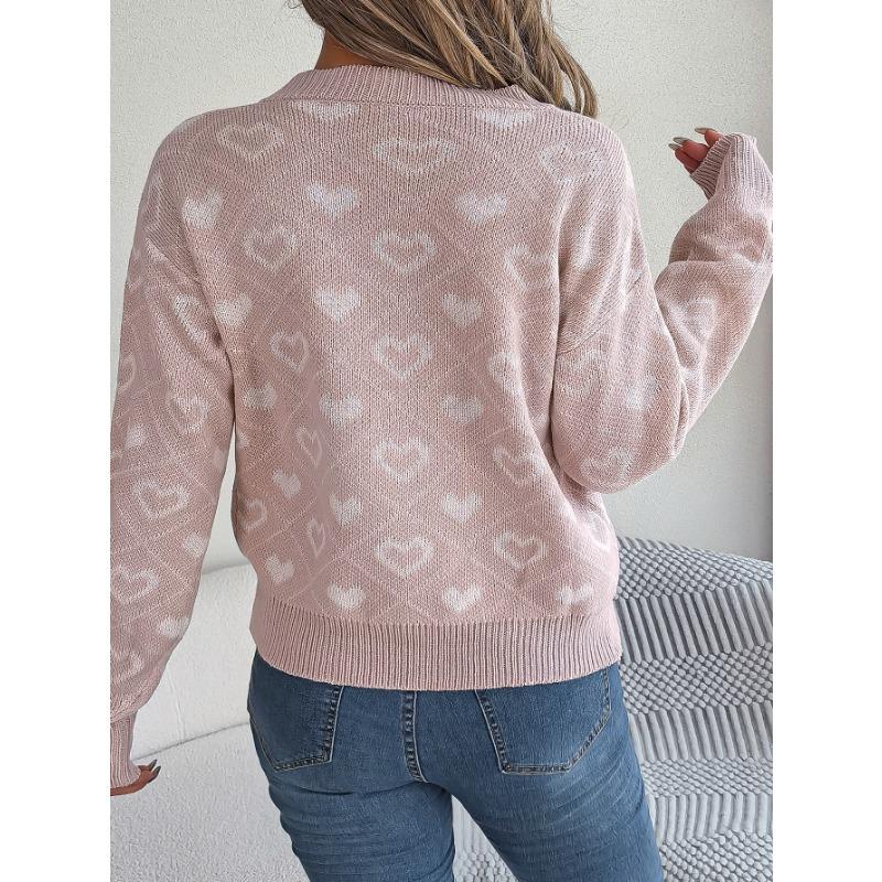 Women's Autumn and Winter Sweet Color Collision Love Lantern Sleeve Pullover Sweater