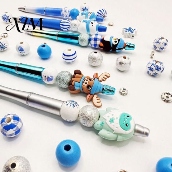 DIY Christmas Cultural Gifts 5PCS Beadable Pens Set, Silicone Dolls And Fun Office Desk Ornaments Colorful Beads Decor, Decorative Stationery