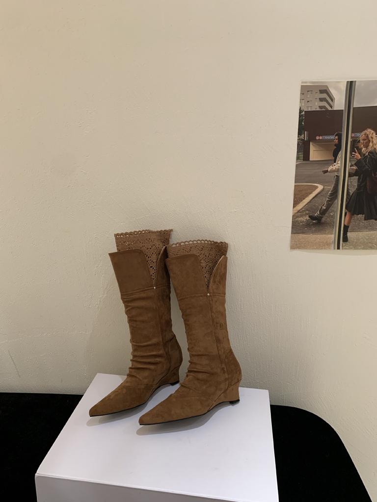 Wedge Heel Boots Children 2025 Autumn and Winter New Pointed Knight Boots Lace Becomes Knee High Boots