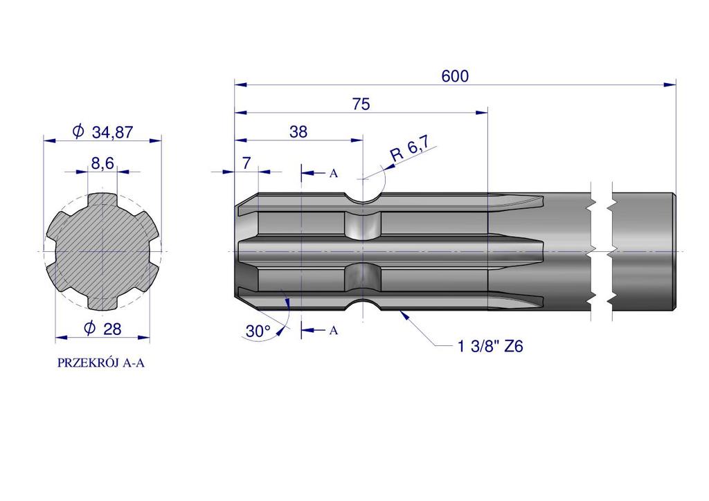Wałek, Wom Frezowany Jednostronnie 600Mm Z6 - 1 3/8, Waryński