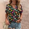 Retro Print Women's T Shirt Classic Floral Tees For Ladies Summer V-Neck Short Sleeve Tops Female Oversized Clothes Daily Blouse