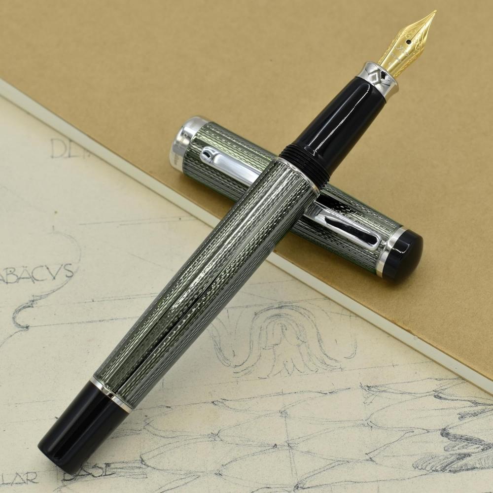 Xezo Incognito Diamond Cut Serial Medium Fountain Pen With Zinc Slate Tracker. Platinum Plated