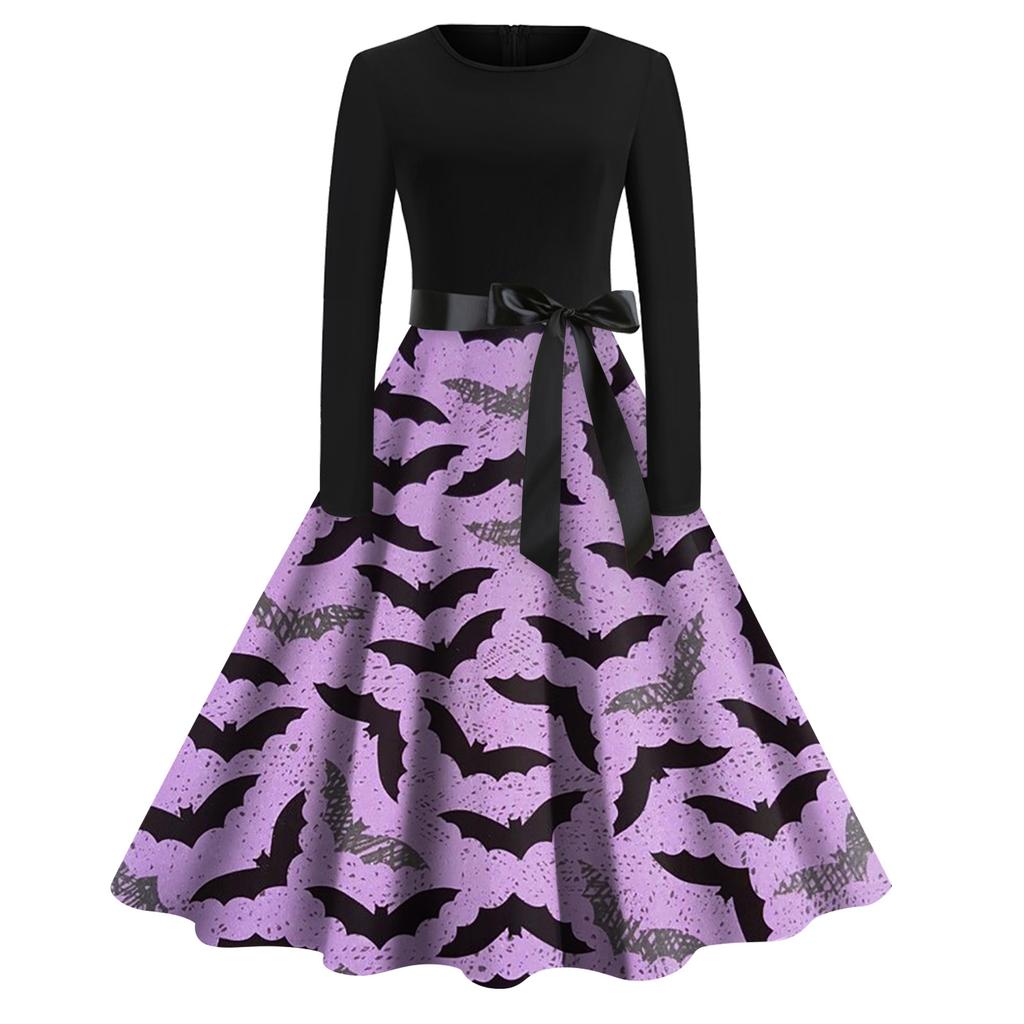 Женское платье с расклешенным принтом на Хэллоуин с длинным рукавом и круглым вырезом, вечерние повседневные платья