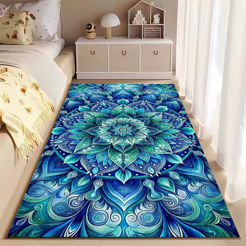Area Rug, Mandala Flower Blue Teal Green Glass Art Print, Living Room Decor, Non-Slip Mat