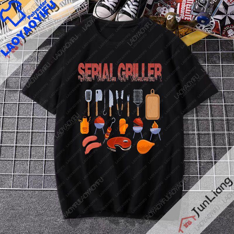 Serial Griller Funny BBQ Graphic TShirt Retro Barbecue Lover Streetwear Tee Grilling for Unisex Women Summer Short Sleeve Tee