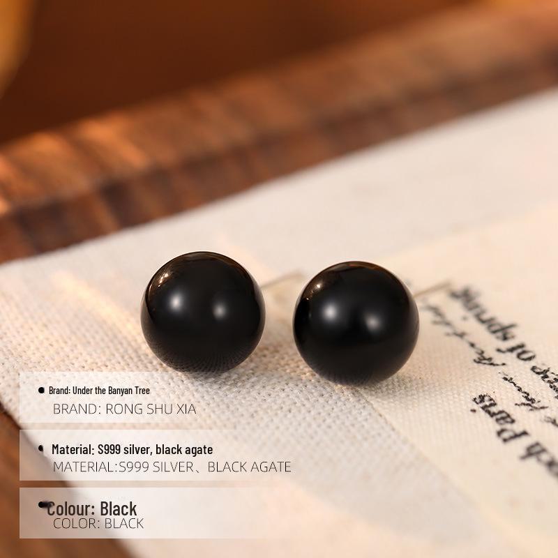 Серебряные корейские серьги с черным агатом для женщин - простые, элегантные, универсальные, небольшие эффектные украшения