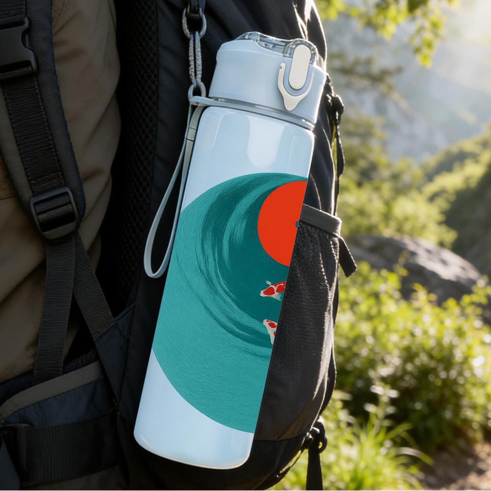 1PC Koi Fish Turquoise Round Scene 750ml Color Plastic Sports Water Bottle Leakproof Flip Straw Lid For Sports Office Home Use