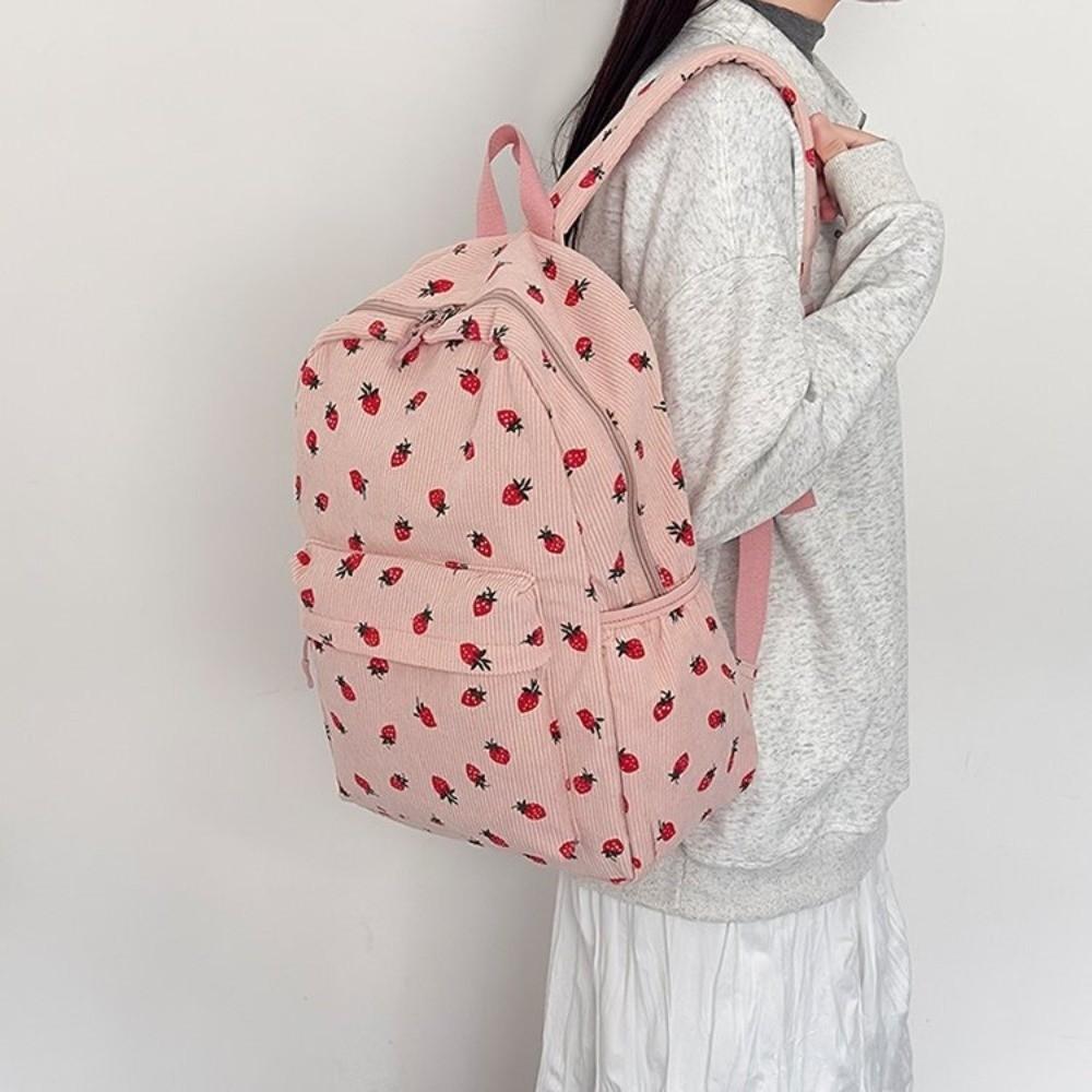 Lightweight Students School Bag Strawberry Students Daypack Storage Bag Corduroy Backpack Travel