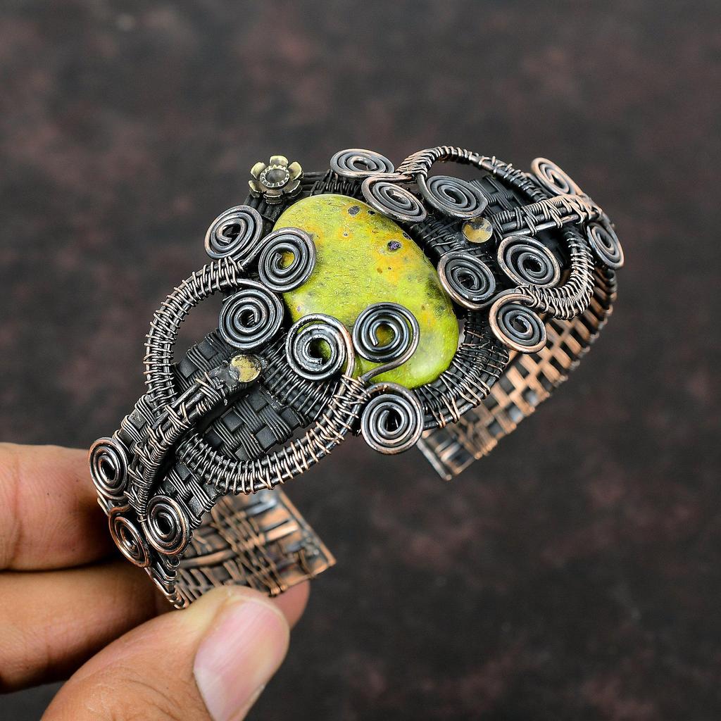 Стихтит Браслет-манжета Браслет из медной проволоки Регулируемый браслет-манжета Браслет из драгоценного камня Медная проволока Ювелирные изделия Браслет ручной работы Подарок для нее