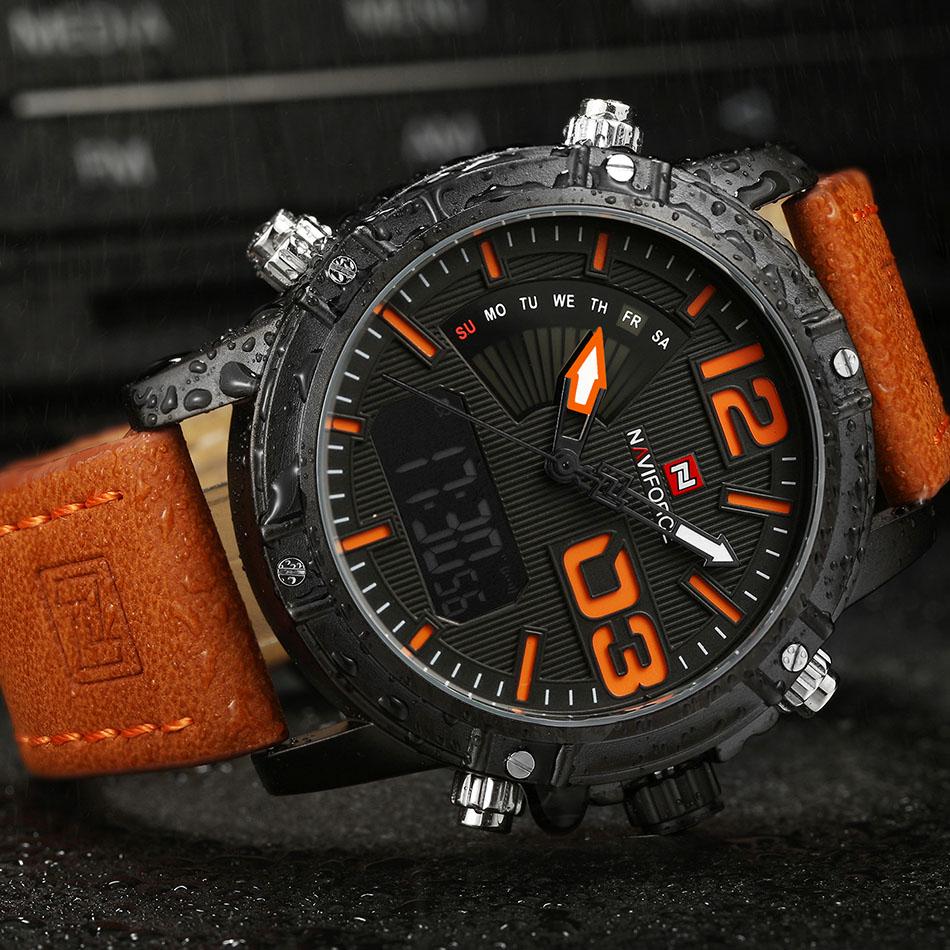 Naviforce Мужские повседневные коричневые кожаные спортивные часы, модные цифровые кварцевые наручные часы с двойным дисплеем