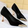 Designer Women Pumps Luxury Metal Suede Decoration Pointed Toe Office Slip-On Shoes High Heels Dress 2024 Autumn Grace