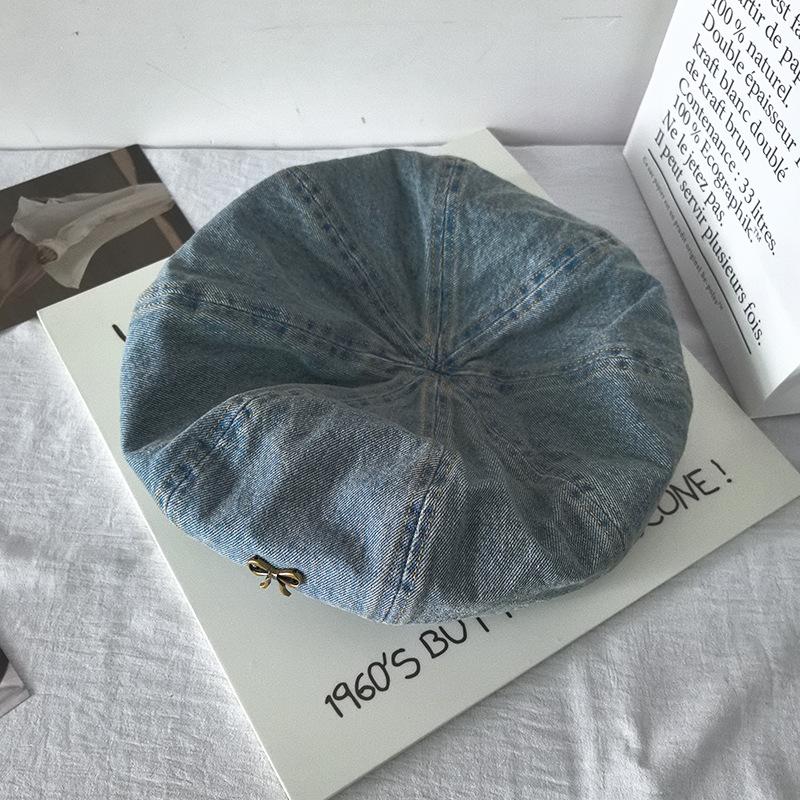Джинсовый берет с бантом, женская ретро-шляпа художника-облачника с большой окружностью головы, показывающая лицо, маленькая шляпа с бутоном и звездчатым анисом