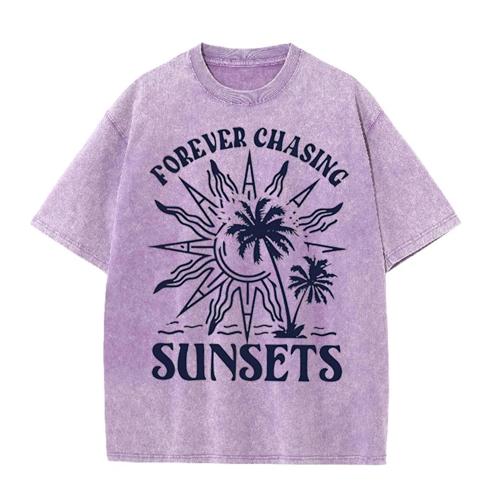 2026forever Chasing Sunsets Vintage Sun Palm Tree Ocean Graphic Beige Washed T Shirt Summer Beach Vacation Casual Oversized Unis