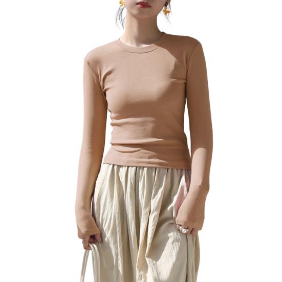 Женская футболка с круглым вырезом и длинным рукавом, облегающая футболка, однотонная, легкая, универсальная, топы, одежда для отдыха