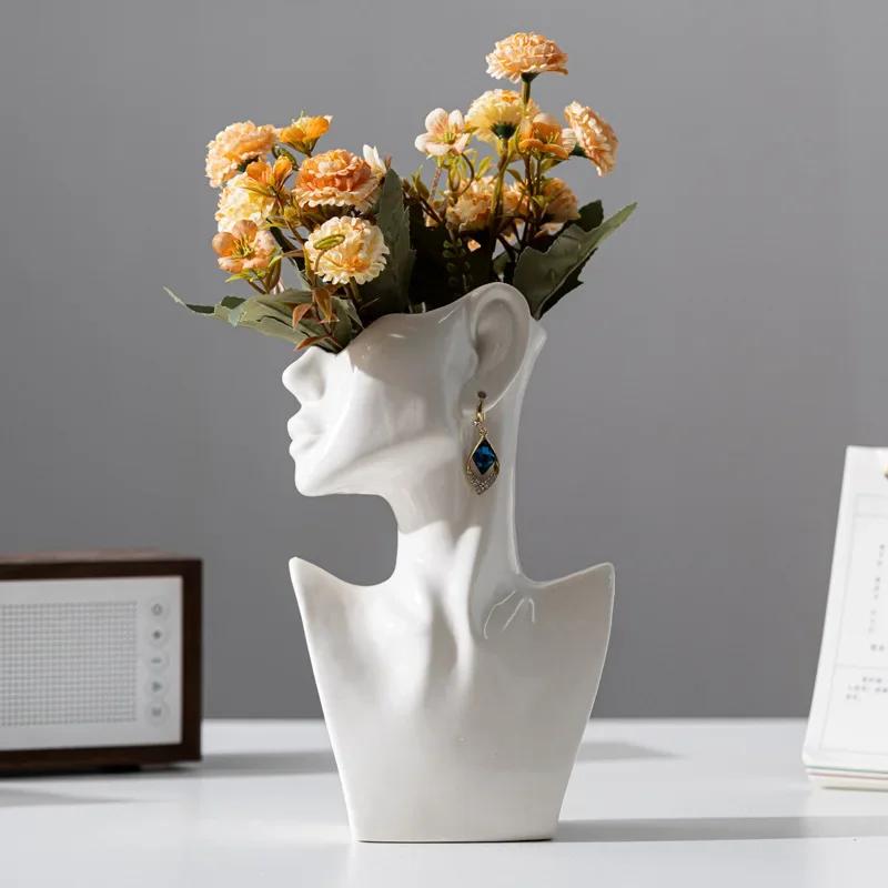 Modern Art Abstract Side Face Vase Head Ceramic Vase Dried Flowers Table Decoration Living Room Office Decoration Home Decor