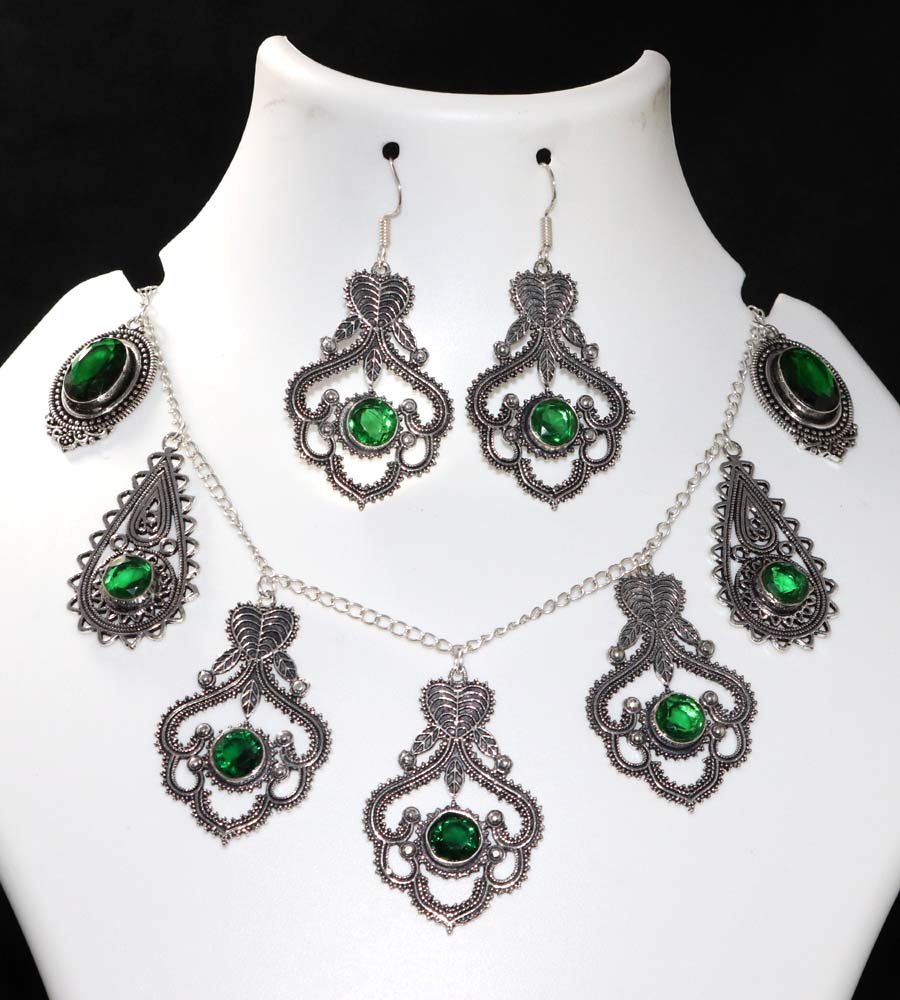 Exclusive Cluster Green Topaz 925 Silver Plated Necklace Earrings Set 18|2.4" H6Z76