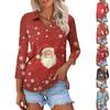 Women's Fashion Casual Button 3/4 Sleeve Christmas Print Lapel Shirt Top