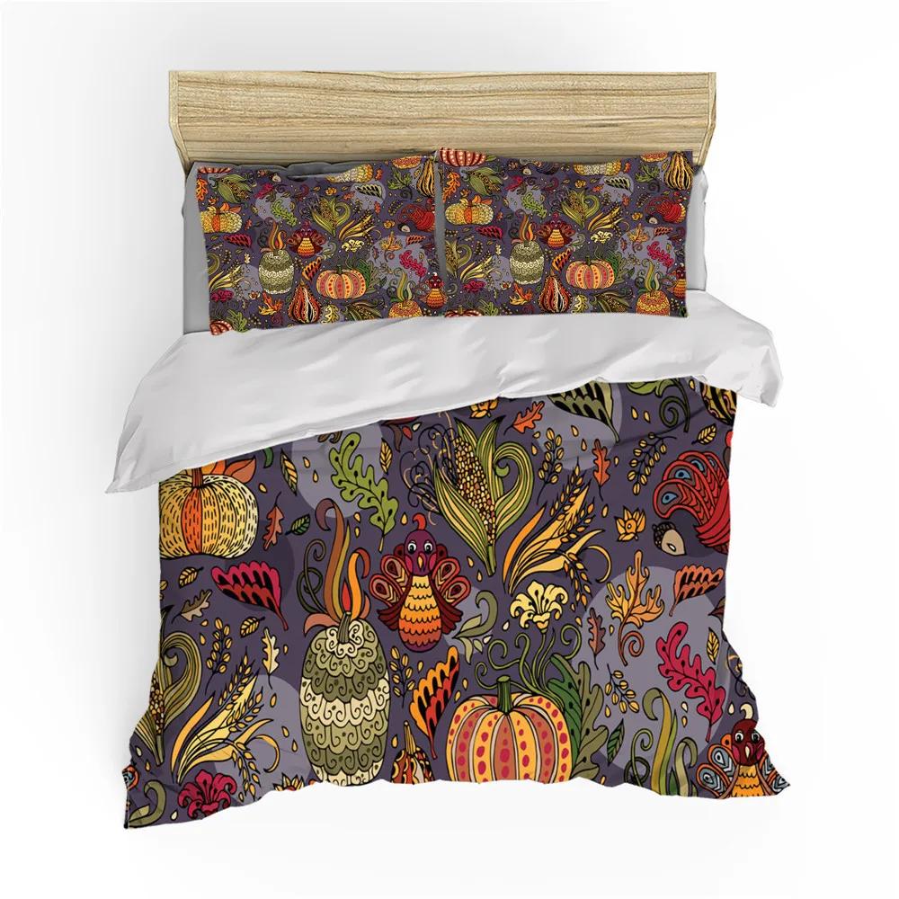 Autumn Thanksgiving Day Duvet Cover King Queen Cartoon Orange Pumpkin Turkey Bedding Set Maple Leaves Soft Polyester Quilt Cover