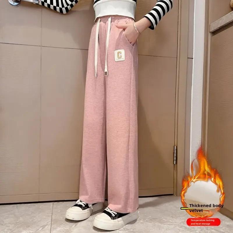 Утепленная верхняя одежда на флисовой подкладке для девочек, брюки повседневного покроя, универсальные детские брюки, новинка 2024 года, весна/осень