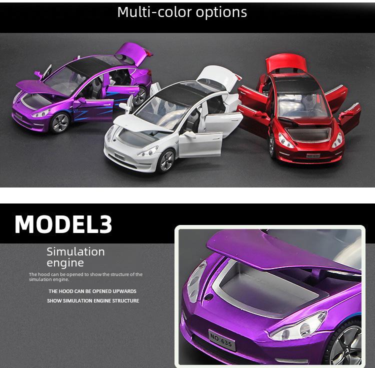 1:32 Tesla Model 3 Alloy Toy Car with Light & Sound Effects, Pull-Back Action.