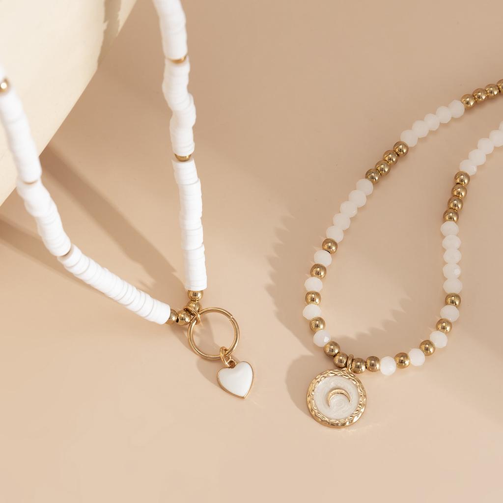 Pastoral Imitation Crystal Heart-shaped Necklace, Simple Soft Pottery Piece Beaded Moon Necklace Set for Women