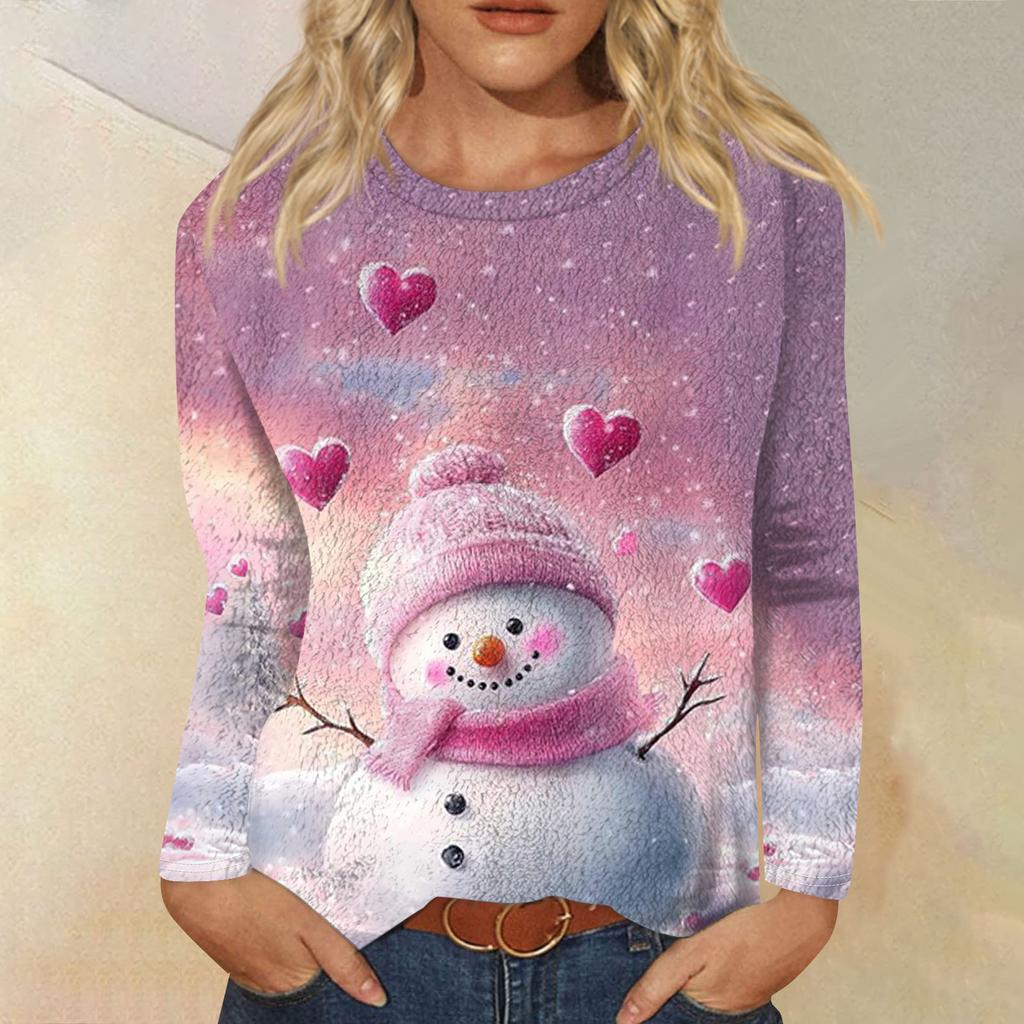 Женская модная повседневная фланелевая футболка с длинным рукавом и круглым вырезом с рождественским принтом