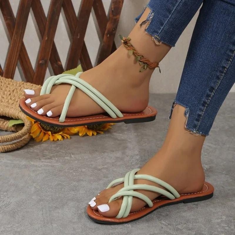 Женские туфли на плоской подошве, летние сандалии, пляжная обувь, новый тренд 2024 года, модные шлепанцы с открытой пяткой, повседневная обувь в стиле бохо, домашние тапочки