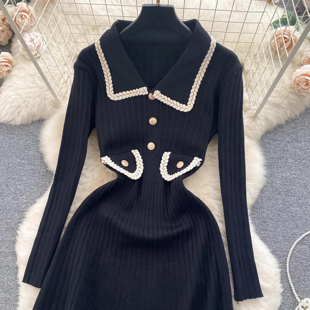Knitted dress Women Autumn and Winter New High Sense Chic Waist Hugging Slimming Temperament Lapel Sweater Dress