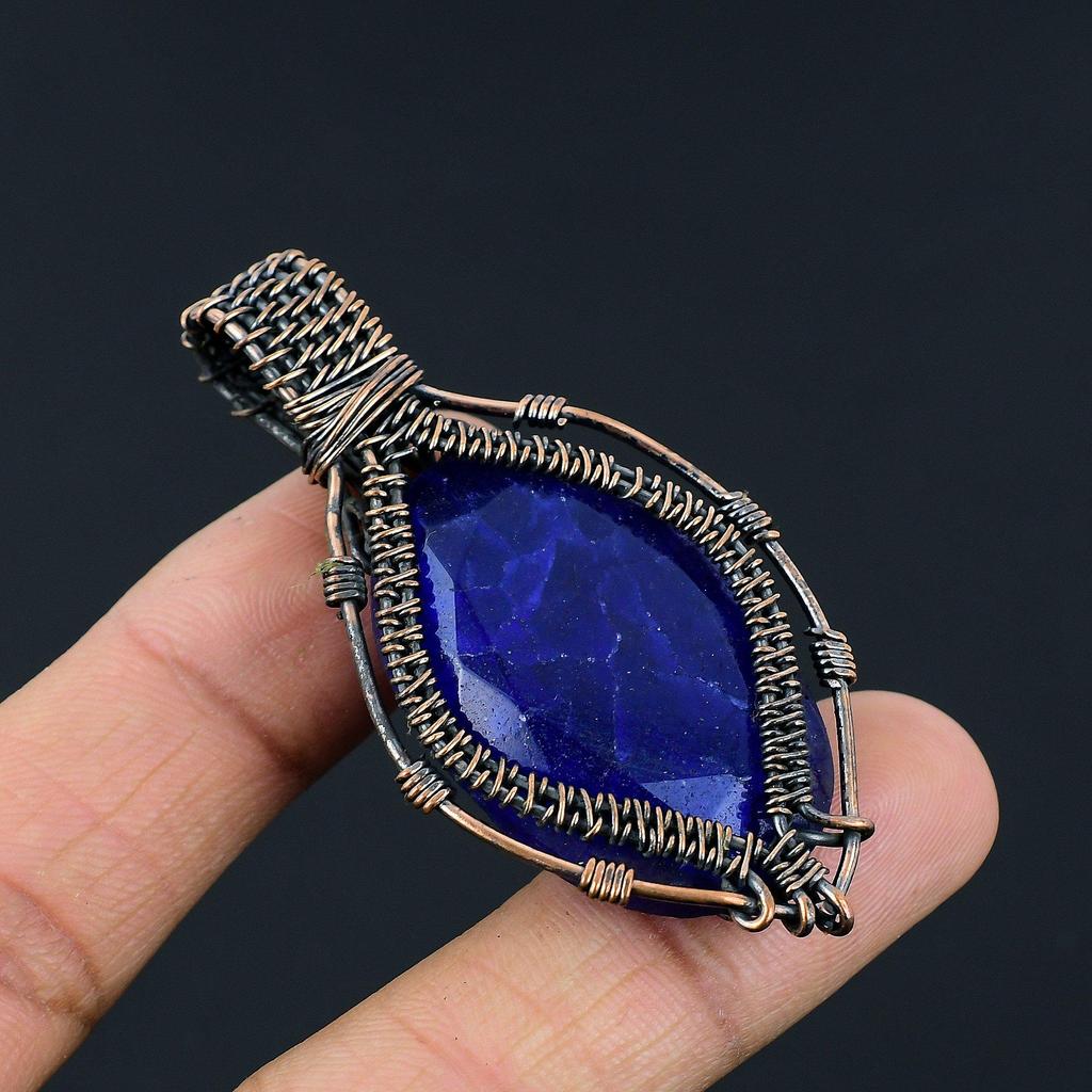 Кулон с синим сапфиром, Кулон с драгоценным камнем ручной работы, Кулон, обернутый медной проволокой 999 пробы, Антикварное украшение, Для подарка на помолвку