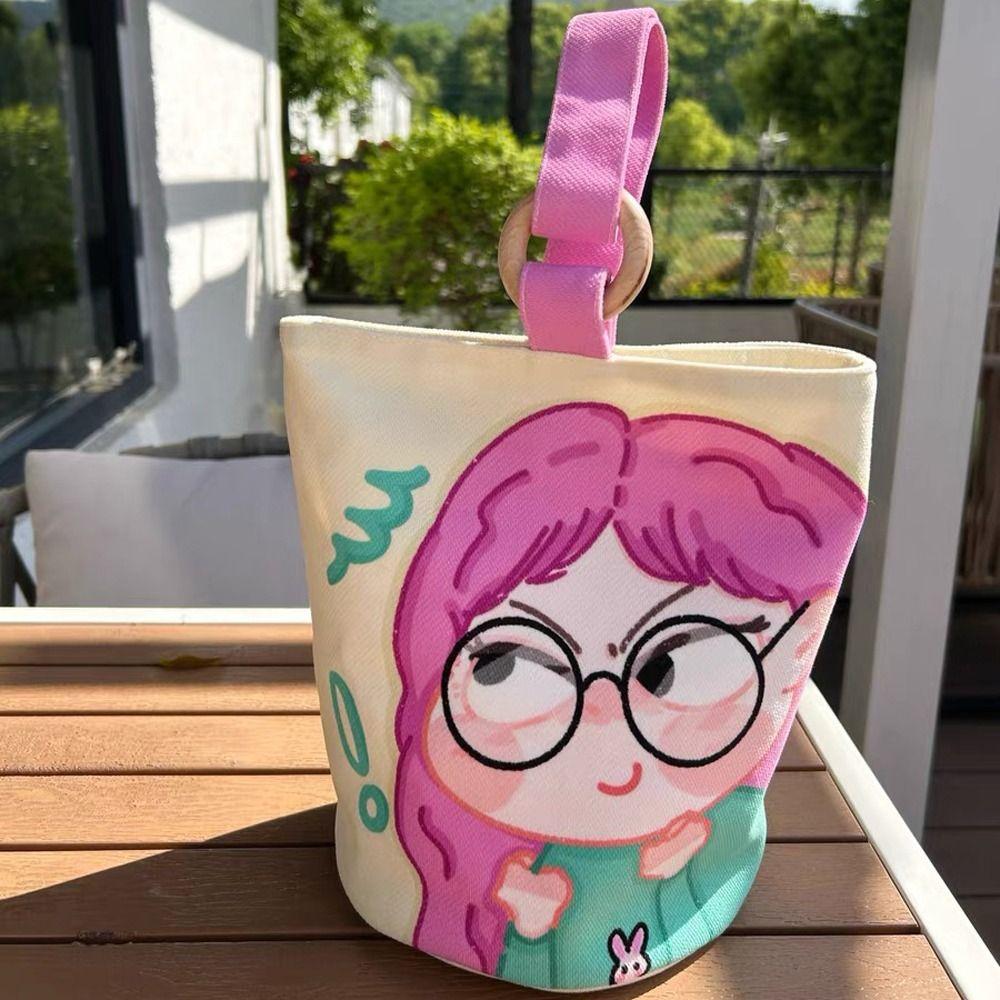 Lovely Girl Canvas Cartoon Bucket Handbag Letter Cartoon Lunch Bag Sweet Letter Tote Bag Outdoor