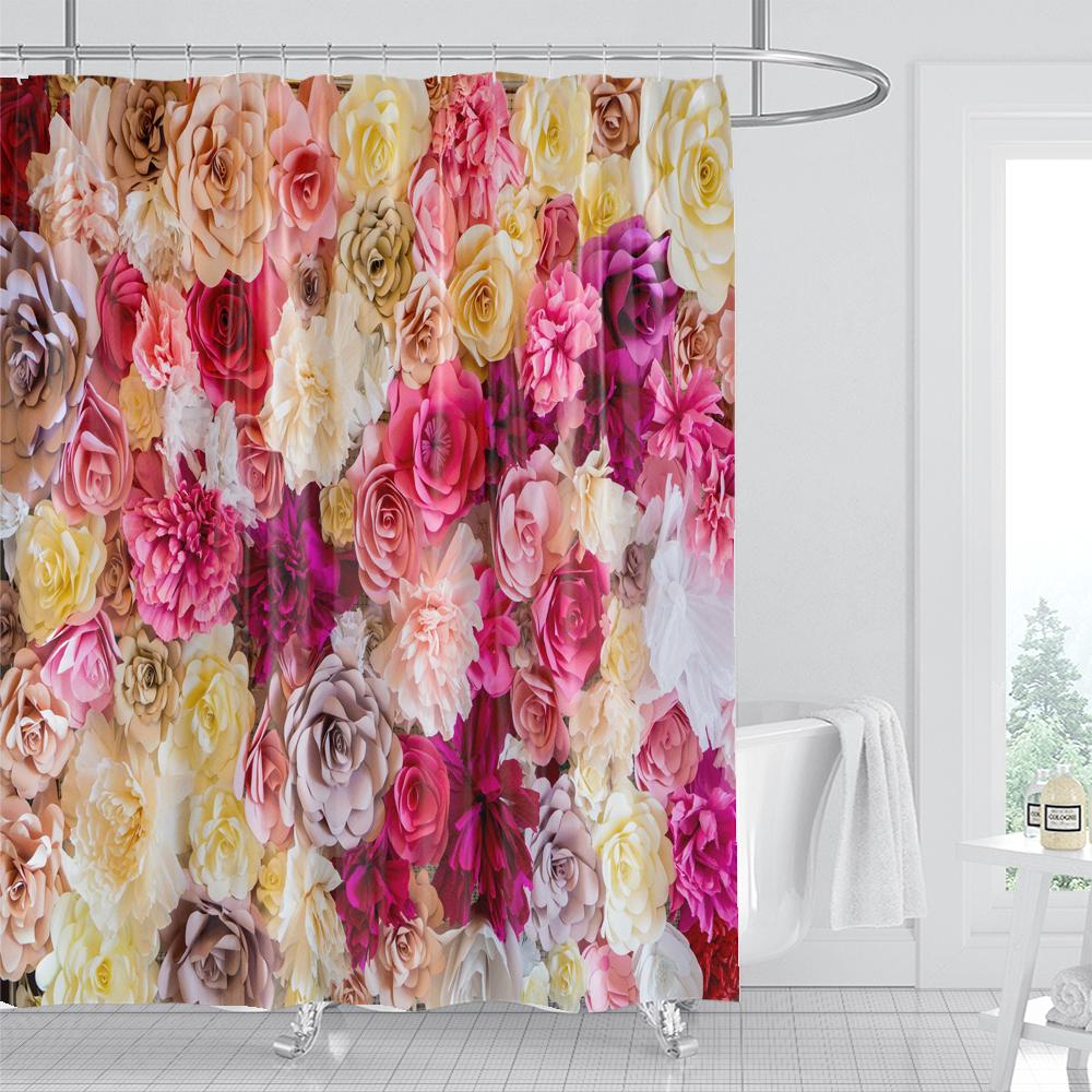 1Pcs Pink flower printing waterproof shower curtain, Rose flowers wall bathroom decorative curtain with plastic hooks