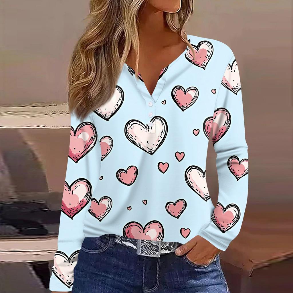 Женская футболка с принтом ко Дню святого Валентина, туника с длинным рукавом и пуговицами, повседневная мода на выходные, базовый топ с V-образным вырезом