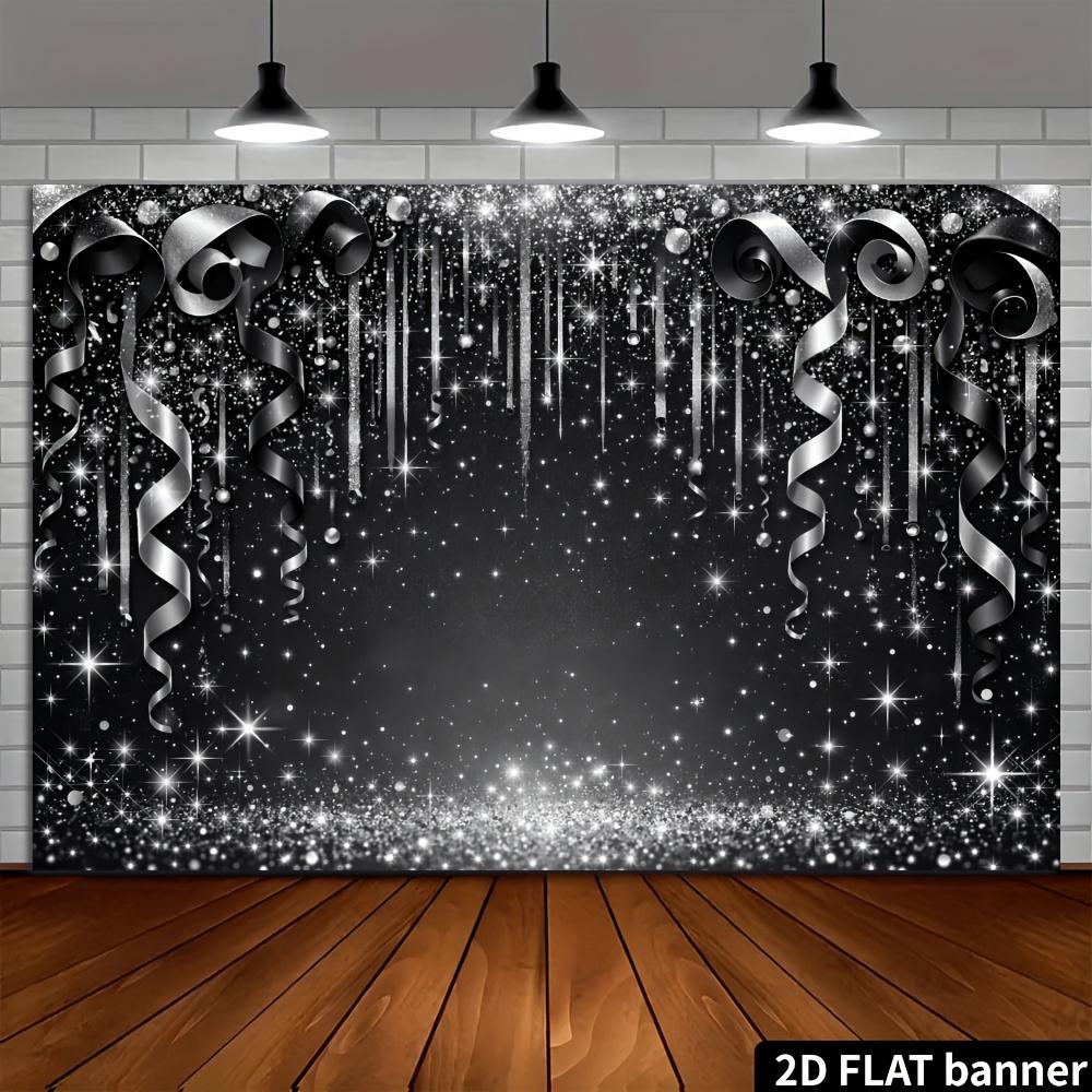 2D flat black silver glitter party banner background. Black silver theme suitable for indoor and outdoor events of all kinds.