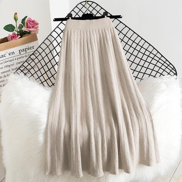 Вязаная юбка для женщин Осень и Зима с высокой талией средней длины А-силуэта плиссированная юбка