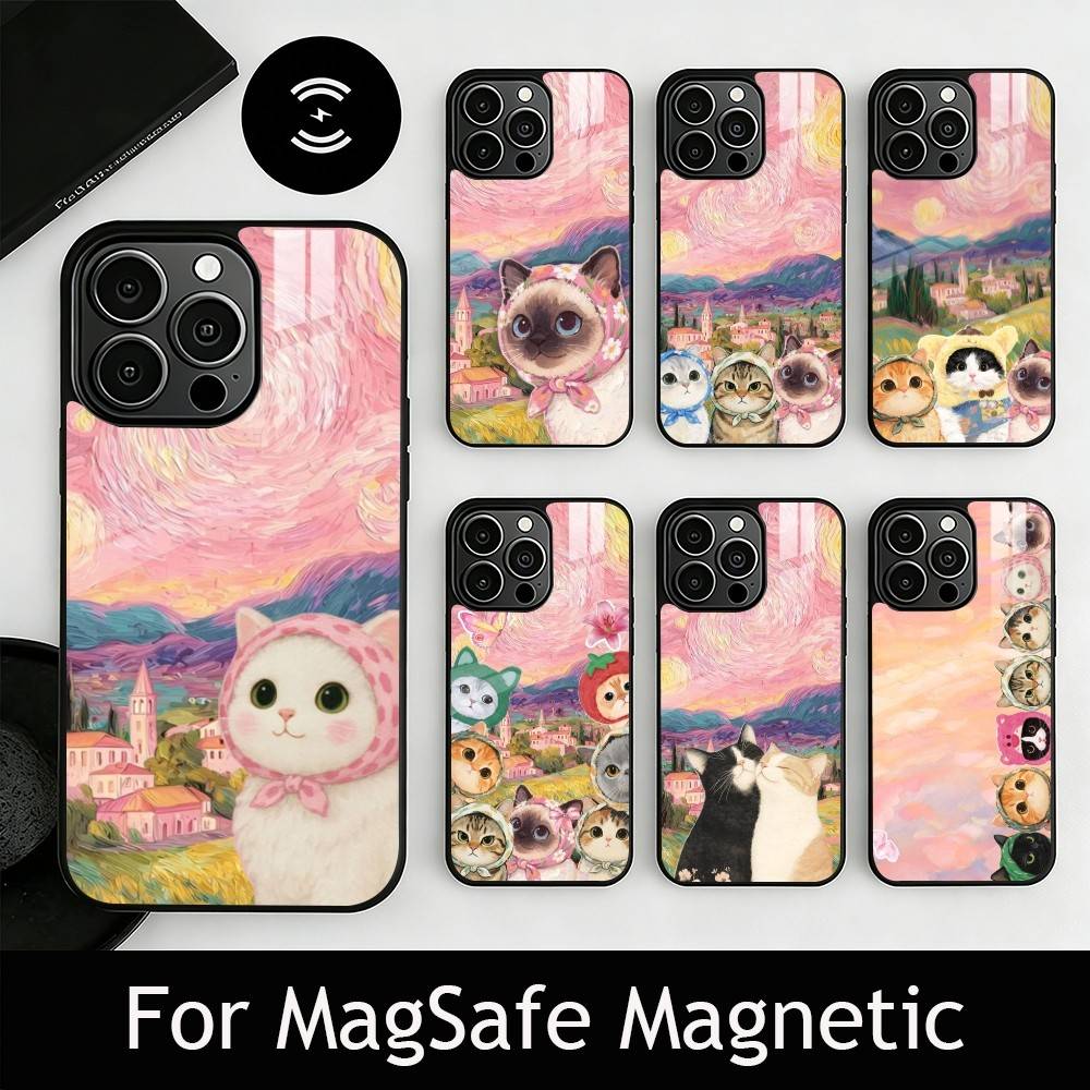 Pink Oil Painting Style Cat Phone Case For iPhone17,16,15,14,13,12,11 Plus,Pro Magnetic For Magsafe Wireless Charging