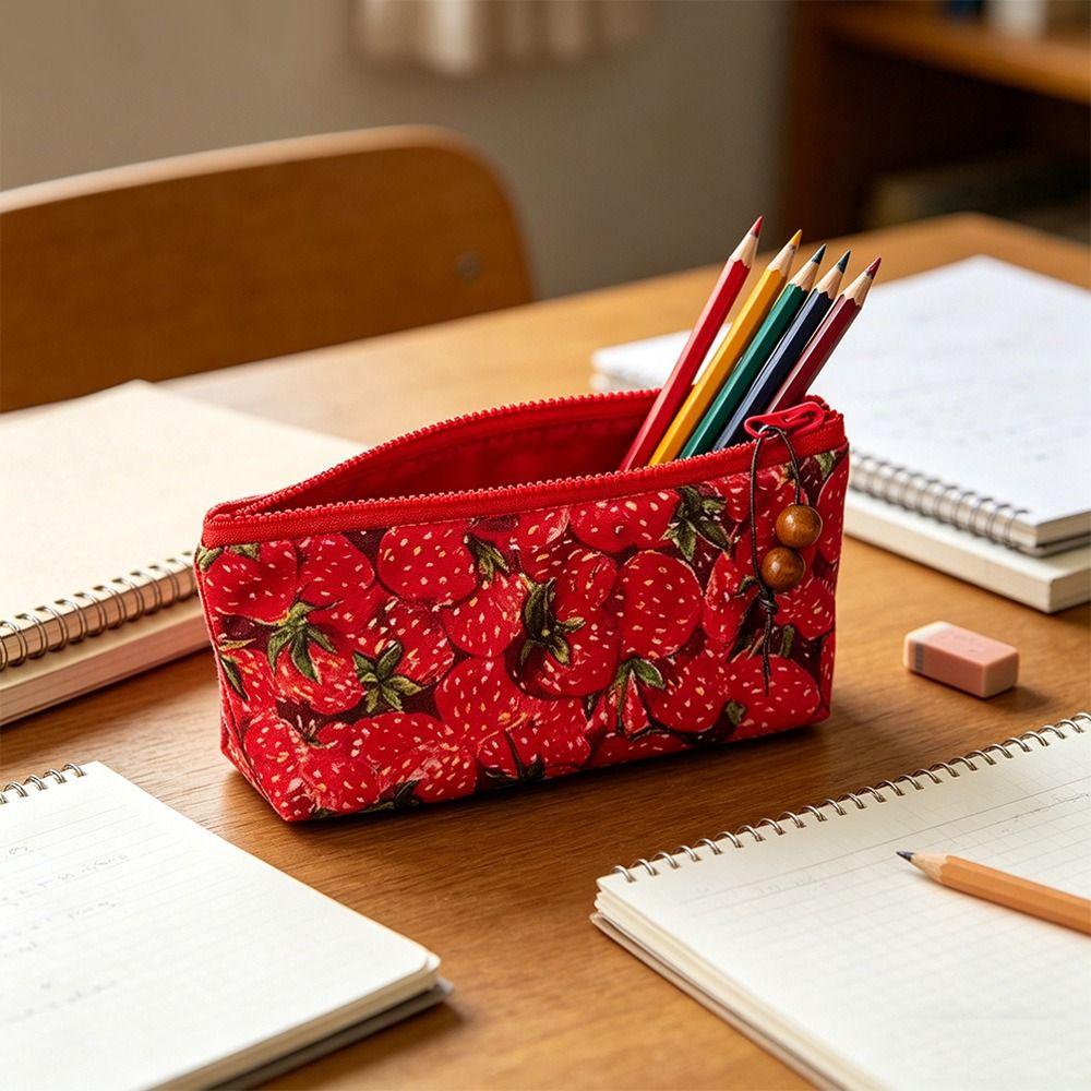 Zipper Design Pencil Case Strawberry Print Cosmetic Bag Trendy Makeup Pouch  School Supplies