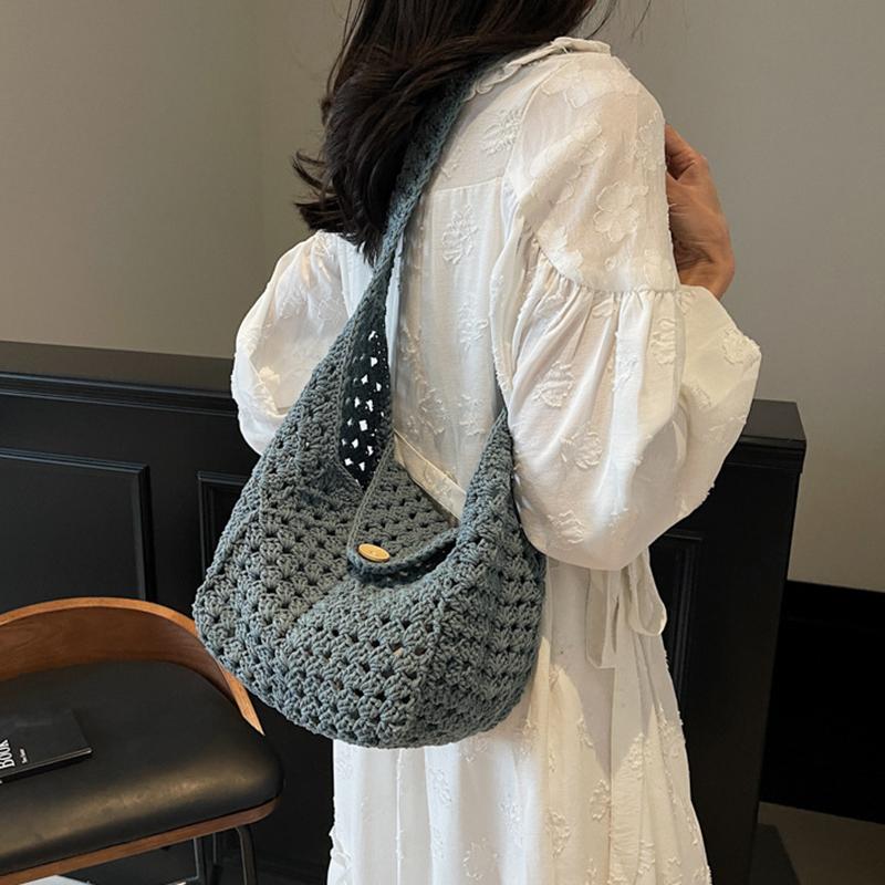 Yogodlns Женская стильная вязаная сумка через плечо, однотонная ажурная косичка, вязаная крючком сумка через плечо, летняя пляжная дорожная сумка