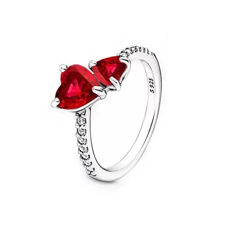 Hot Sale 925 Silver Trinkets Rings Zircon Quadrate Double Heart for Women Original Silver 925 Valentine's Day Ring Jewelry Gift