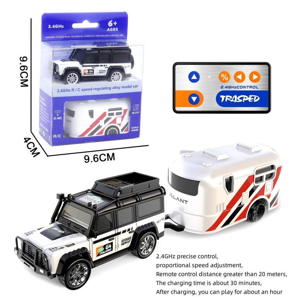 Remote Control Small Car, 1:64 Scale Off-Road RC Car, USB Rechargeable 2.4GHZ Three Speed Indoor Alloy Vehicle (8801B With Trailer)
