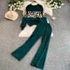 Autumn Winter Designer Print Leopard Knitted Sweater Trouser Two Piece Set Women O-neck Pullover Tops And Ankle Length Pants Suit
