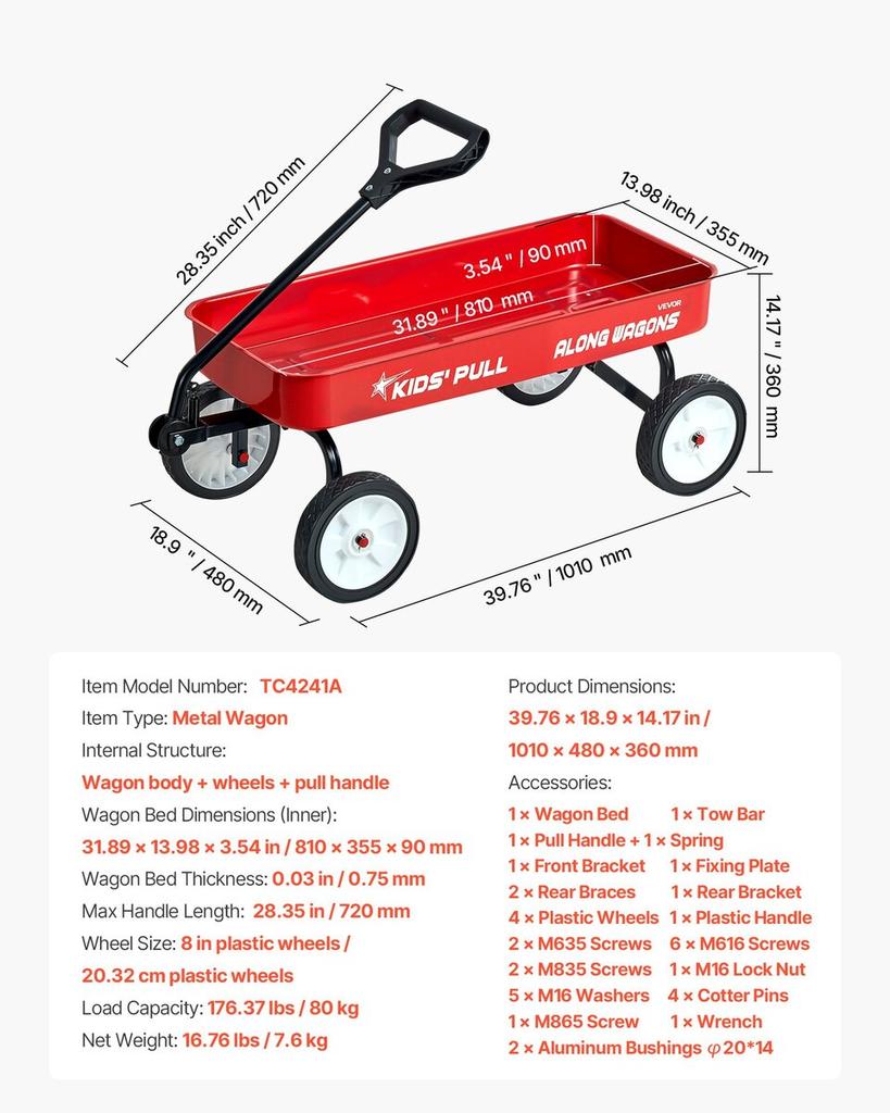 Pull-Along Wagon for Kids, 101 cm Toddler Wagons, Supports up to 80kg, All-Terrain Wagons with Handle, Utility Wagon Cart Birthday Present for Kids